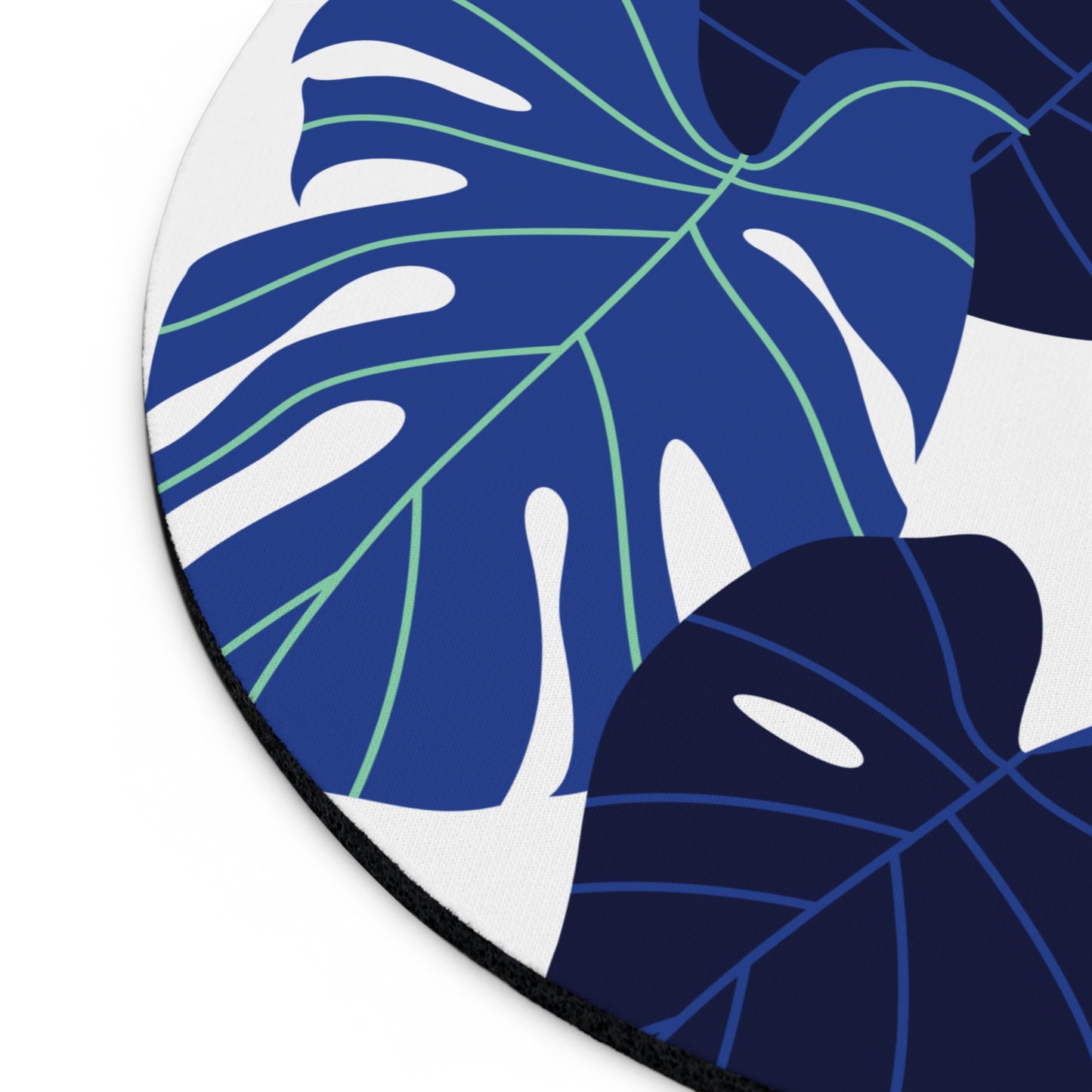 Monstera Blue Round Mouse Pad — Tropical Leaf Desk Mat