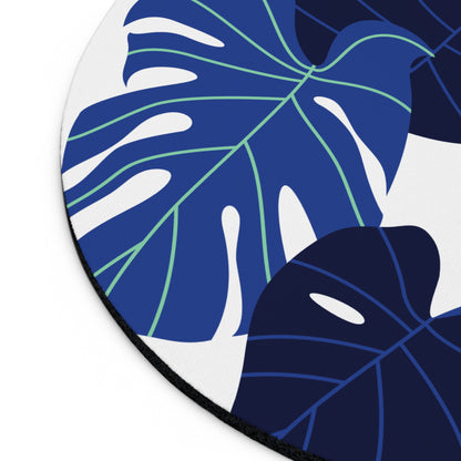 Monstera Blue Round Mouse Pad — Tropical Leaf Desk Mat
