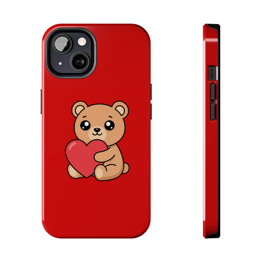 Kawaii Bear Heart Phone Case — Cute Red Protective Tough Case for iPhone