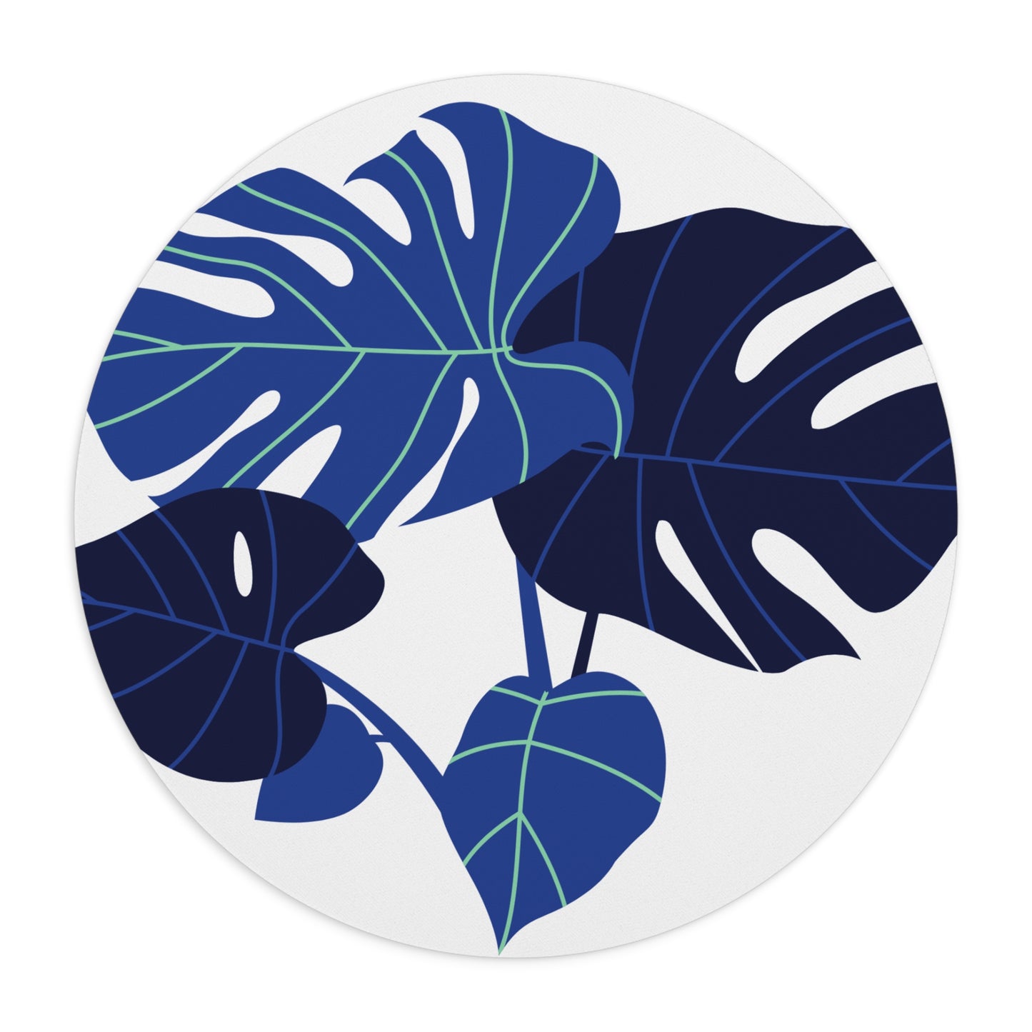 Monstera Blue Round Mouse Pad — Tropical Leaf Desk Mat