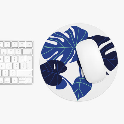 Monstera Blue Round Mouse Pad — Tropical Leaf Desk Mat